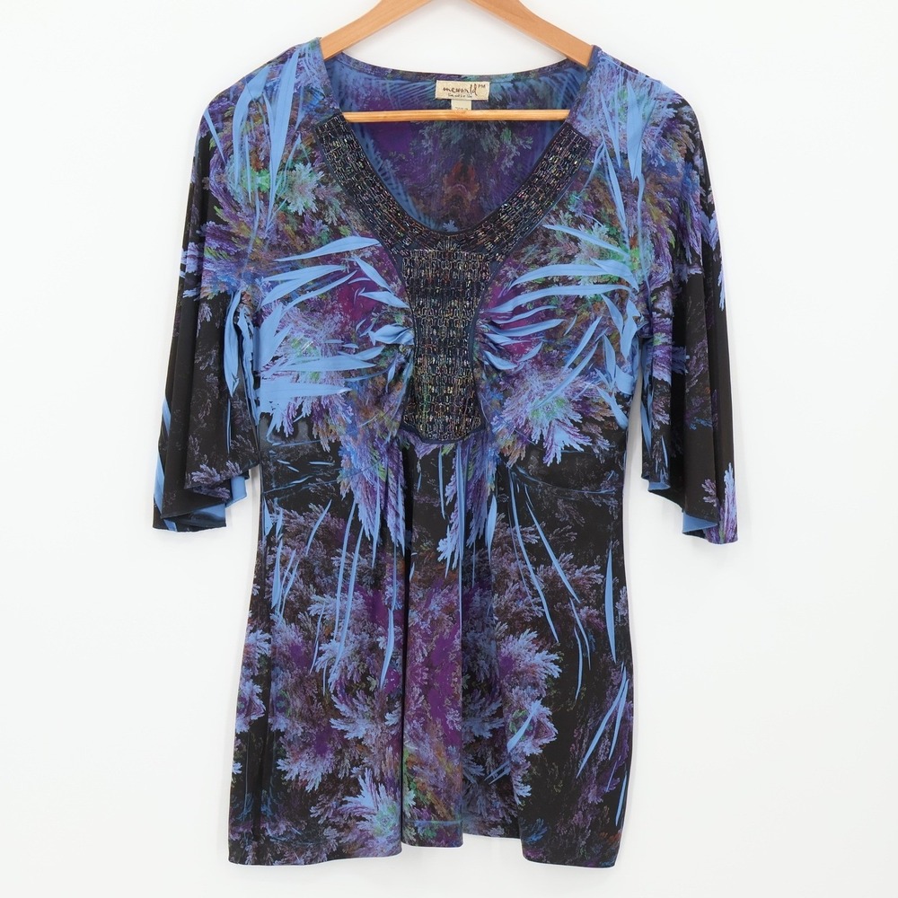 One World Beaded Fractal Tunic Top Womens Size PM Purple‎ Blue Boho Bell Sleeve